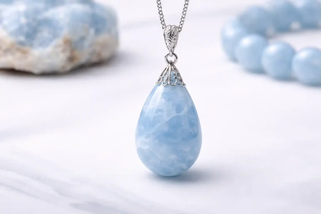 Blue calcite pendant necklace—Blue Calcite Benefits and throat chakra symbolism