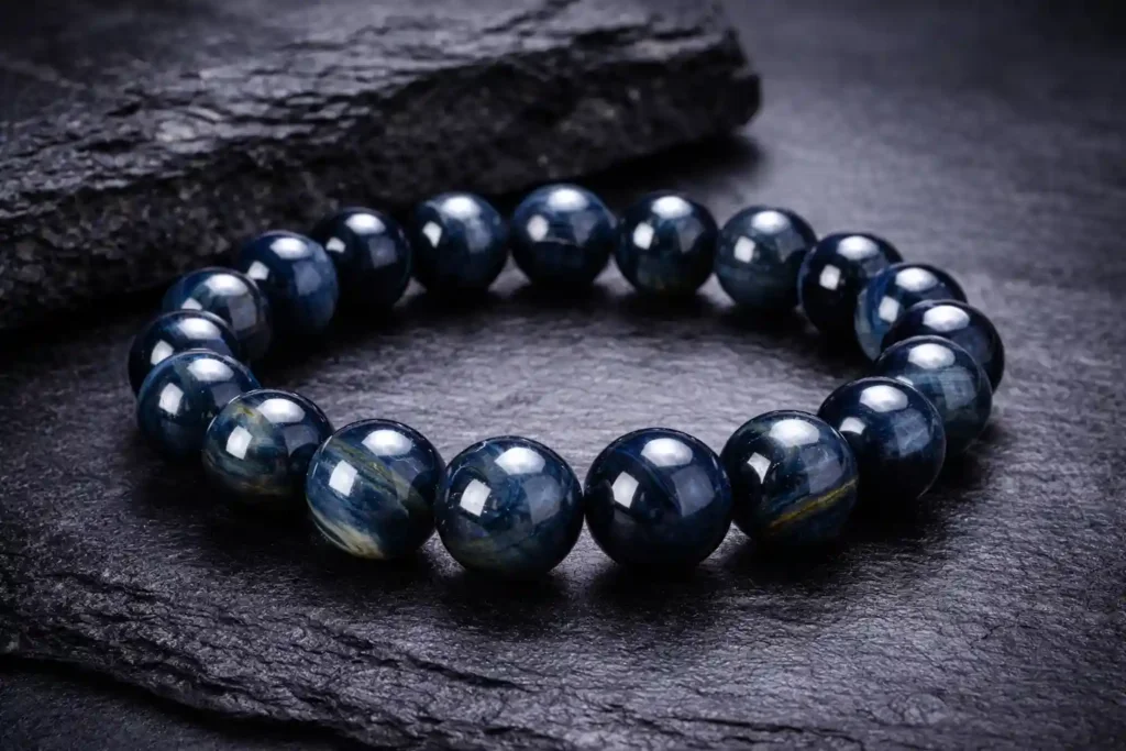 Blue Tiger Eye bracelet with polished round beads—Blue Tiger Eye Stone Meaning for calm, focused style