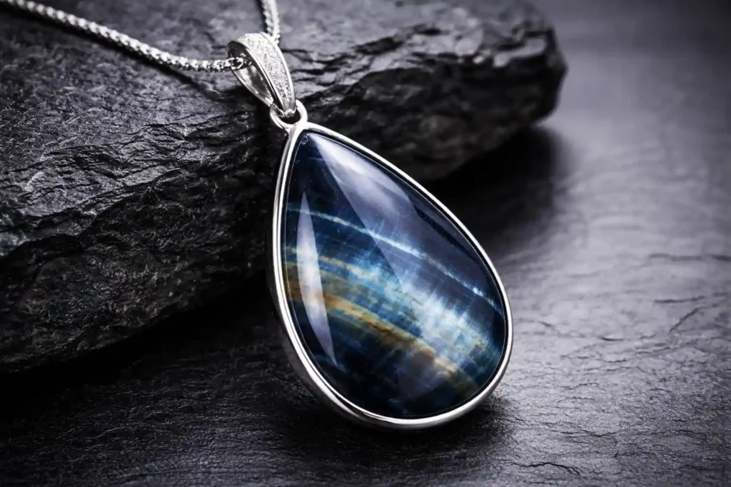 Blue Tiger Eye teardrop pendant in silver bezel—Blue Tiger Eye Stone Meaning gift-ready jewelry