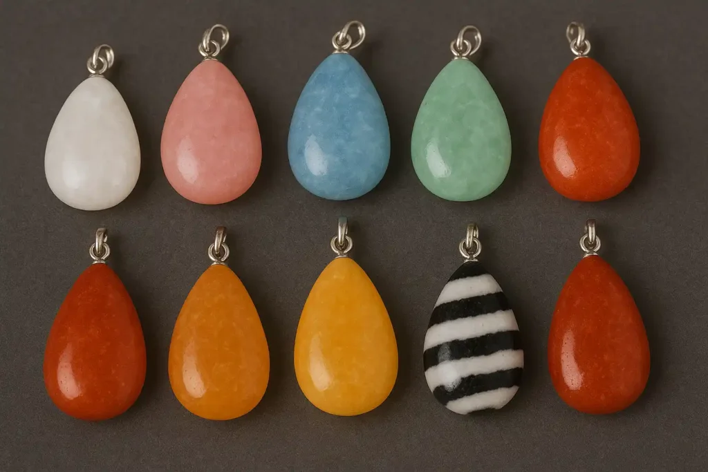 Calcite crystal pendant set in multiple colors representing Calcite Crystal Meaning and style