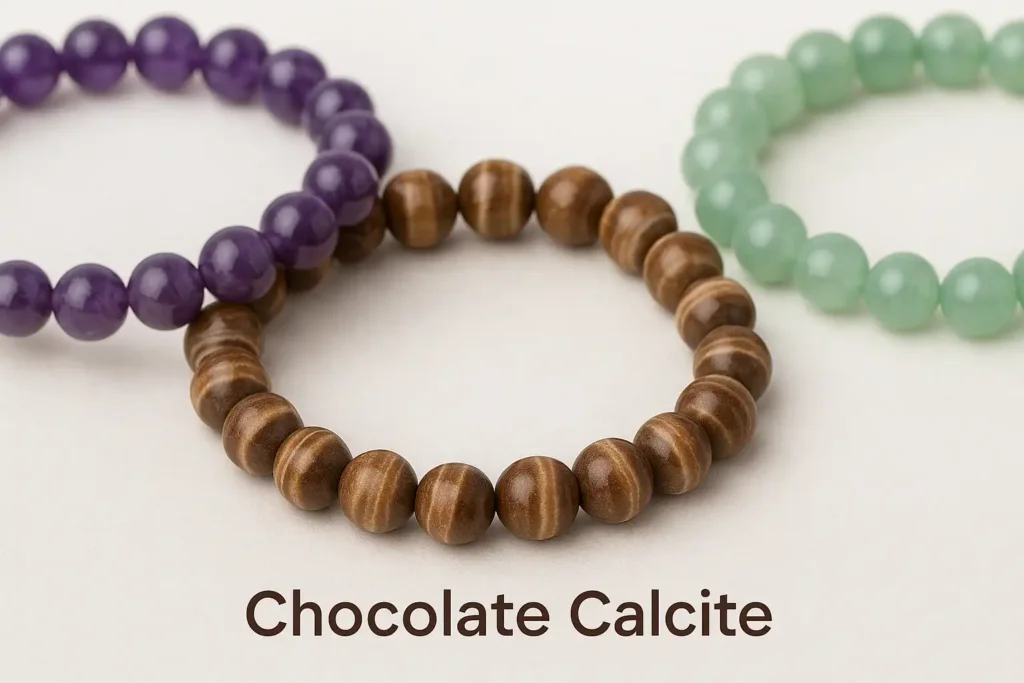 Chocolate calcite bracelet and other beads expressing chocolate calcite meaning in daily wear