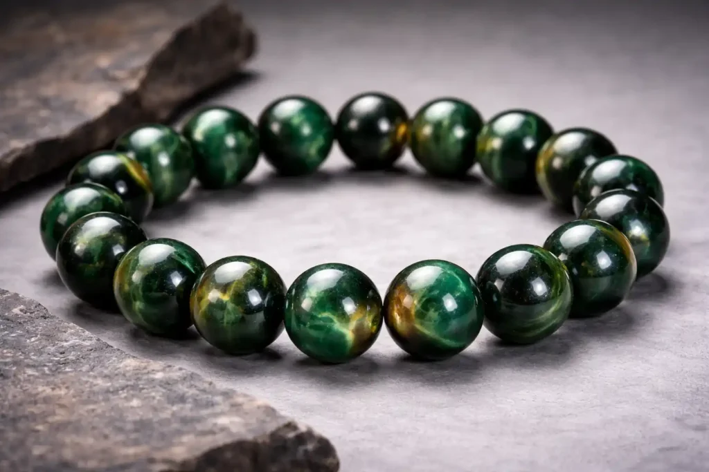 Green Tiger Eye Stone Meaning bracelet with cat eye shimmer (chatoyancy)