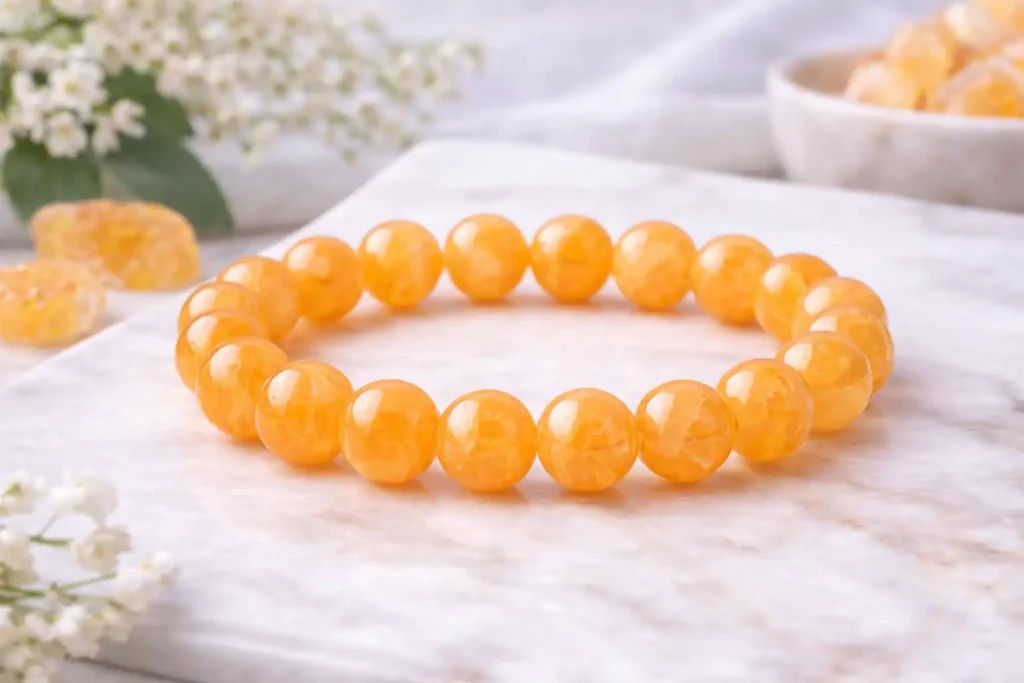 Orange Calcite Benefits bracelet with polished orange calcite beads for creative energy and everyday wear