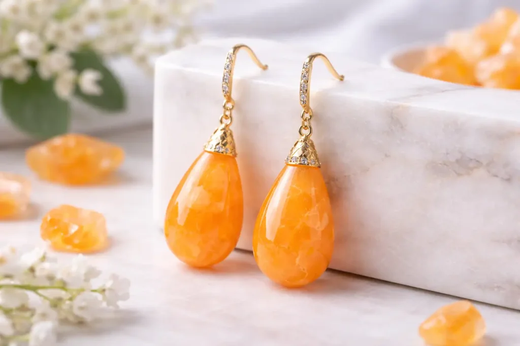 Orange Calcite Benefits earrings featuring orange calcite drops, warm glow jewelry for gifting and retail displays