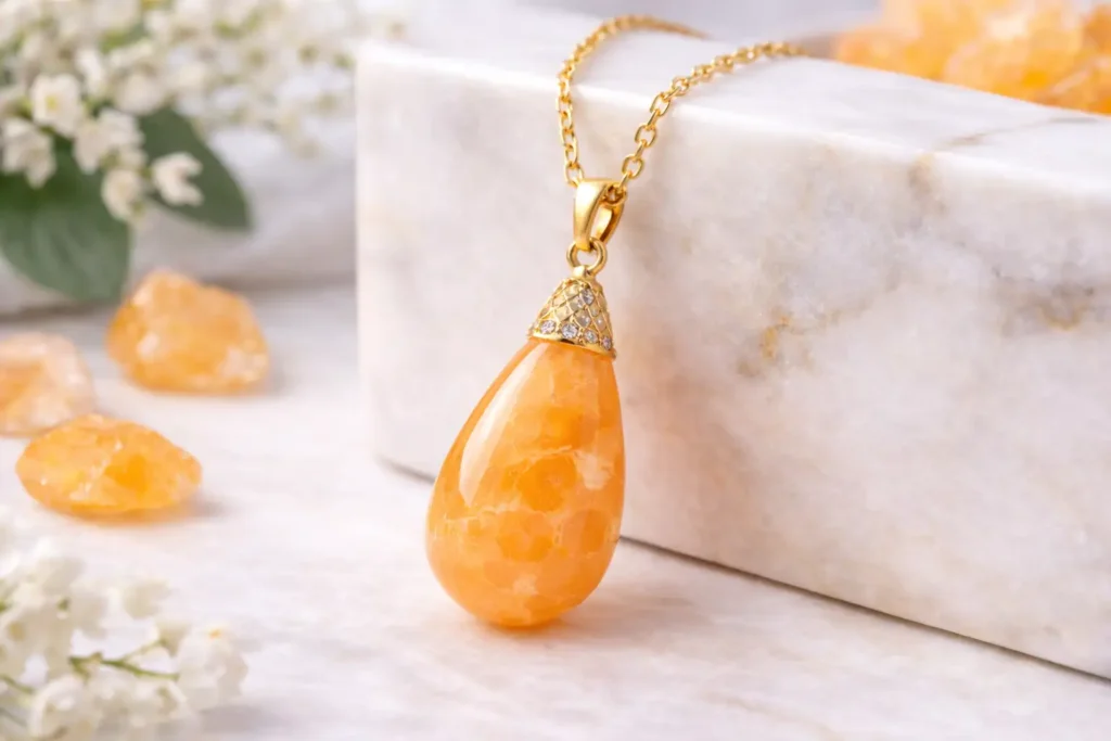 Orange Calcite Benefits pendant with orange calcite teardrop charm, wholesale-ready jewelry style for boutiques