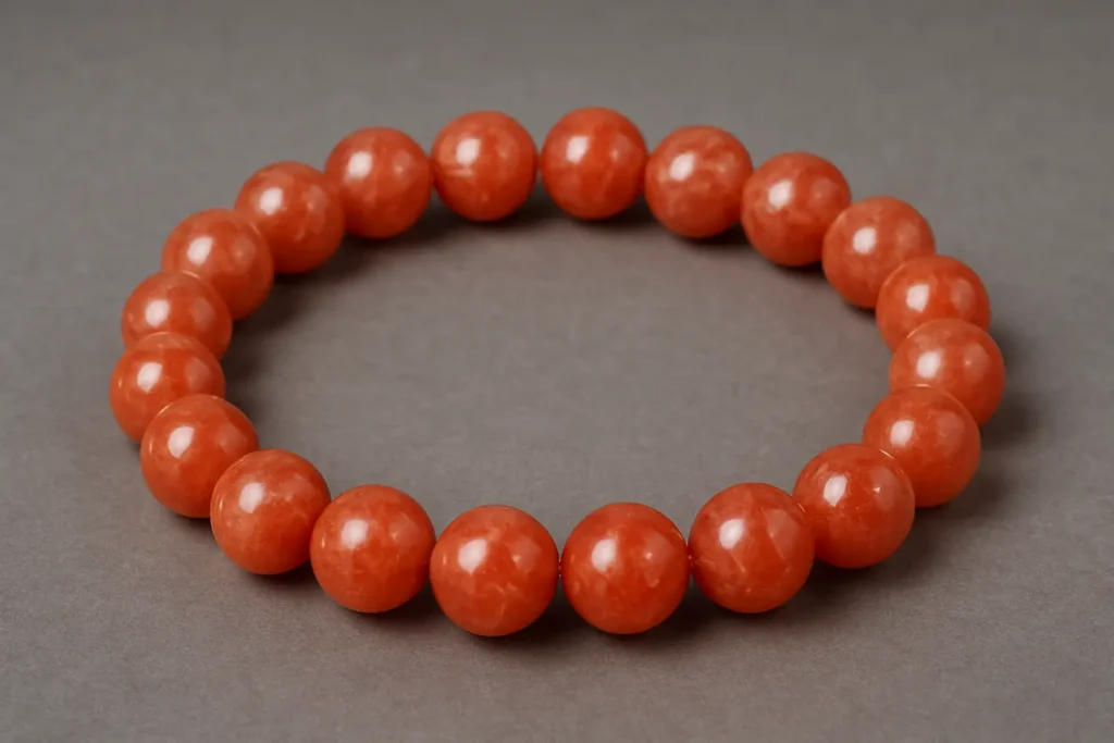 Red Calcite bracelet illustrating Red Calcite Meaning for grounding and courage