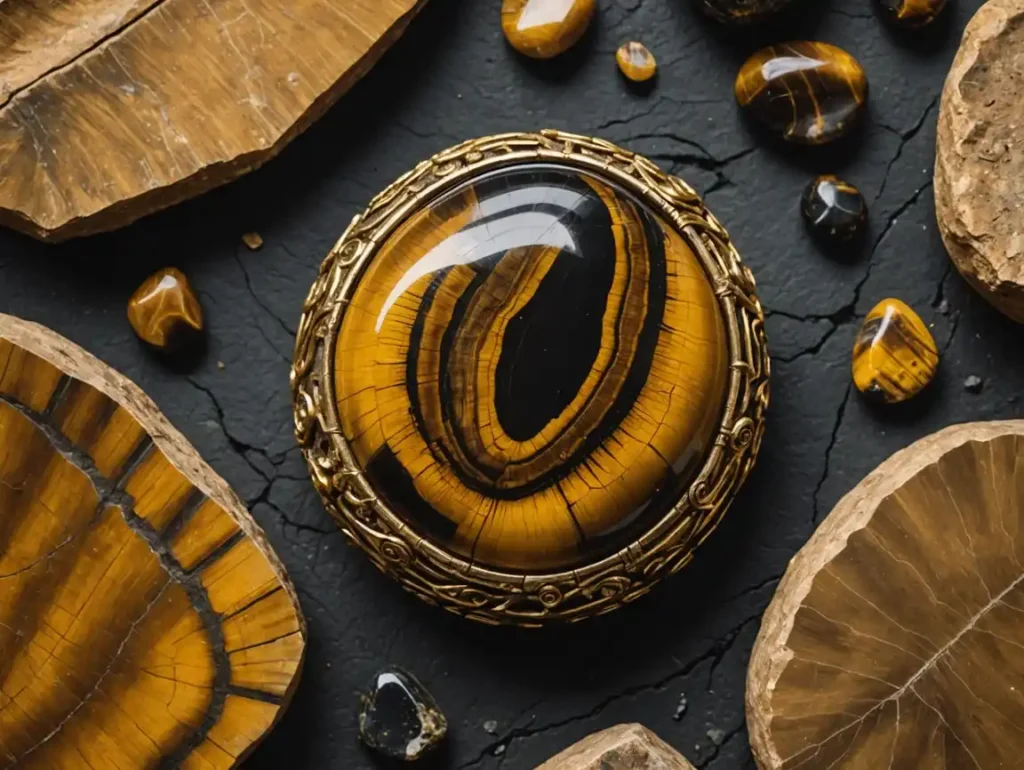 Tiger Eye stone display with rich banding, representing Tiger Eye Stone Meaning