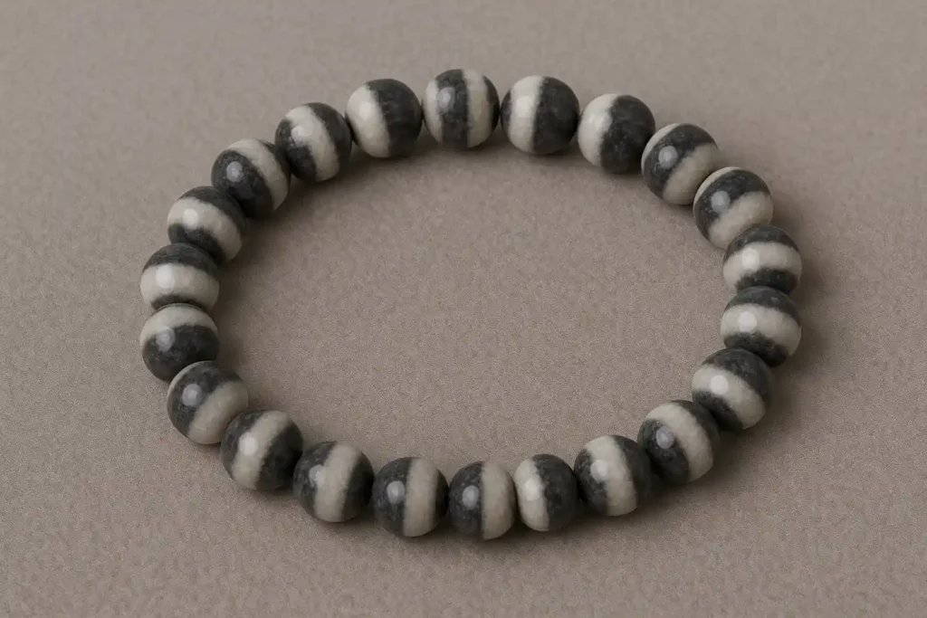 Zebra calcite bracelet showing layered stripes for Zebra Calcite Meaning