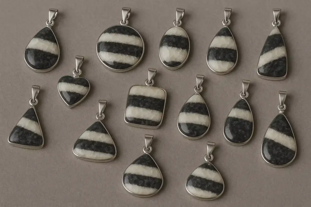 Zebra calcite pendant jewelry illustrating modern style and Zebra Calcite Meaning