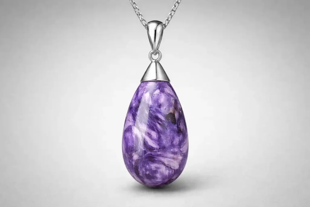 Charoite necklace pendant featuring violet swirls representing Charoite Meaning in jewelry design