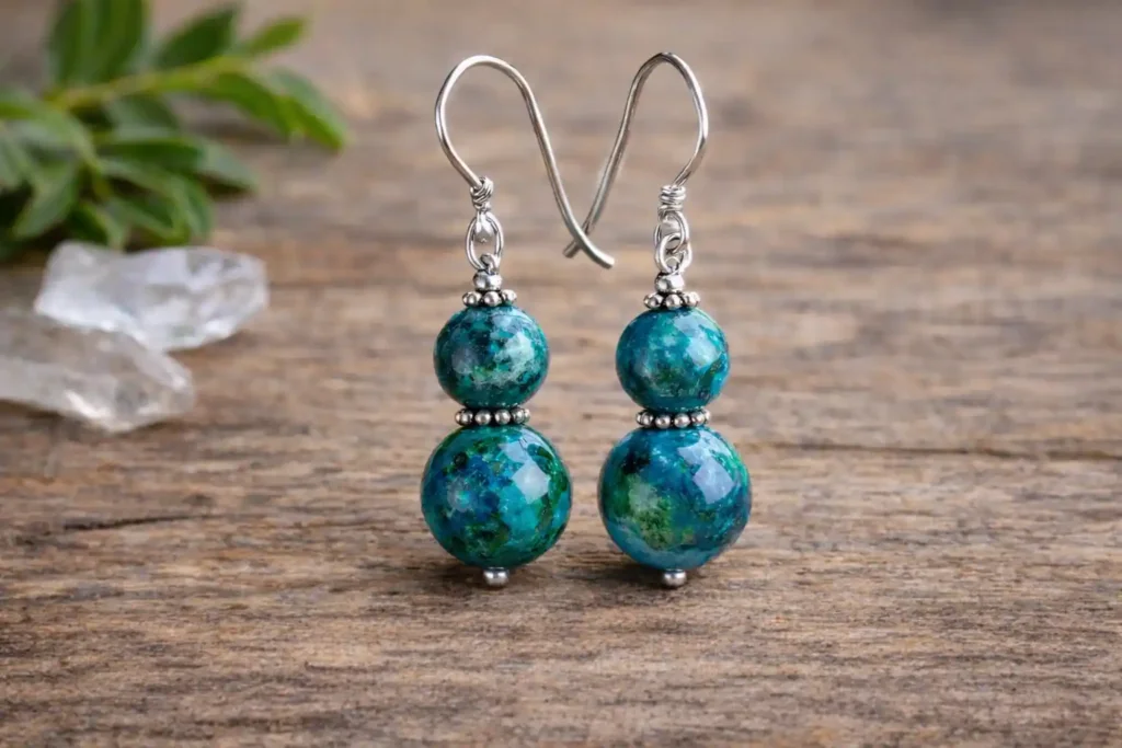 Chrysocolla Meaning shown through blue-green chrysocolla earrings symbolizing calm communication
