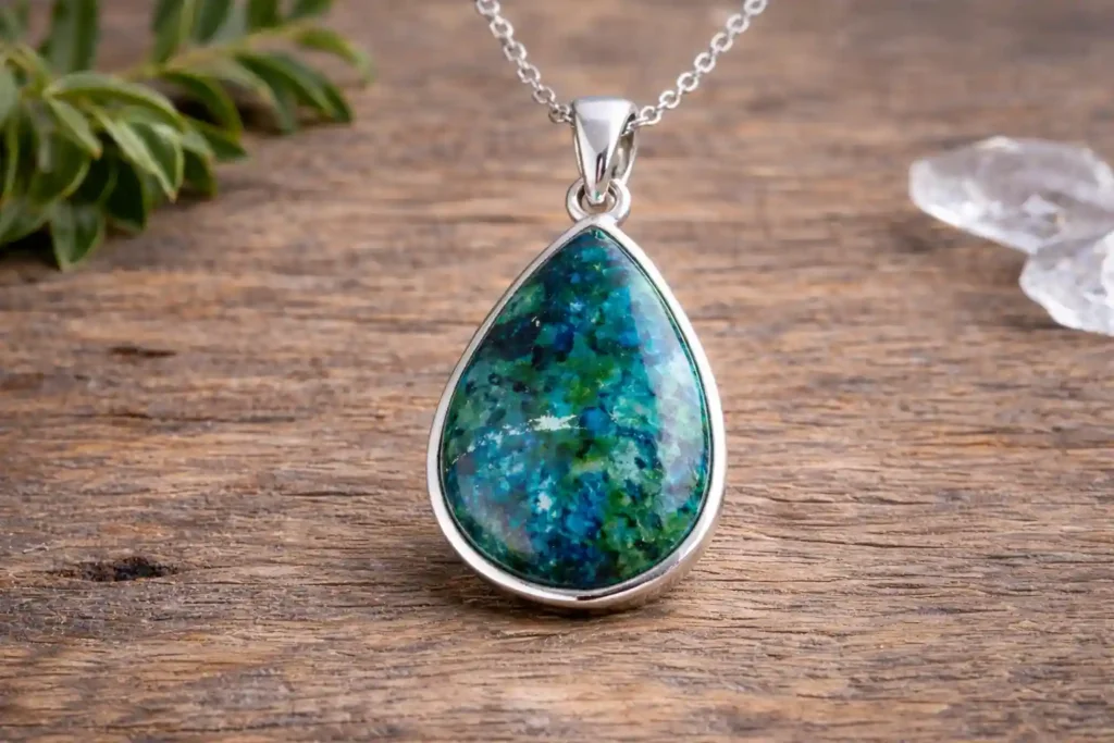 Chrysocolla Meaning expressed in a polished chrysocolla pendant for steady self-expression
