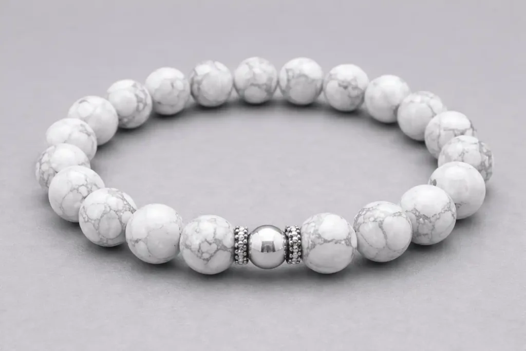 White howlite bead bracelet with gray veining, howlite bracelet jewelry representing howlite meaning and everyday wear