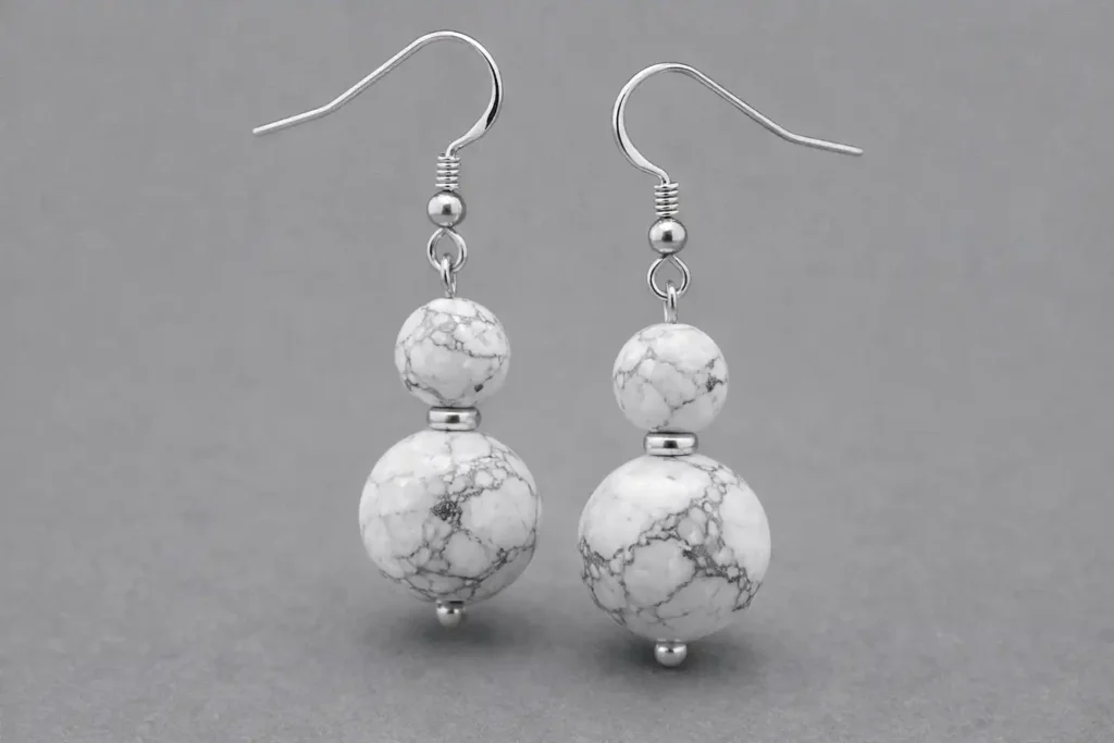 Howlite stone earrings with white and gray marbling, elegant howlite jewelry inspired by calm and minimal style